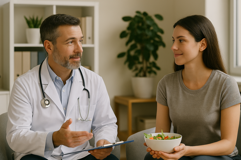 Um médico de meia-idade, vestindo jaleco branco e estetoscópio no pescoço, conversa sorridente com uma paciente jovem que segura uma tigela de salada. Eles estão em um consultório iluminado por luz natural, com planta e prateleiras ao fundo, transmitindo cuidado, atenção e orientação personalizada em saúde.
