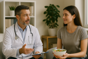 Um médico de meia-idade, vestindo jaleco branco e estetoscópio no pescoço, conversa sorridente com uma paciente jovem que segura uma tigela de salada. Eles estão em um consultório iluminado por luz natural, com planta e prateleiras ao fundo, transmitindo cuidado, atenção e orientação personalizada em saúde.
