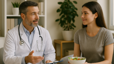 Um médico de meia-idade, vestindo jaleco branco e estetoscópio no pescoço, conversa sorridente com uma paciente jovem que segura uma tigela de salada. Eles estão em um consultório iluminado por luz natural, com planta e prateleiras ao fundo, transmitindo cuidado, atenção e orientação personalizada em saúde.