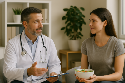 Um médico de meia-idade, vestindo jaleco branco e estetoscópio no pescoço, conversa sorridente com uma paciente jovem que segura uma tigela de salada. Eles estão em um consultório iluminado por luz natural, com planta e prateleiras ao fundo, transmitindo cuidado, atenção e orientação personalizada em saúde.