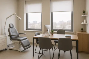 Consultório médico moderno com poltronas cinzas, mesa de madeira e grandes janelas com vista para a cidade, transmitindo conforto e profissionalismo.